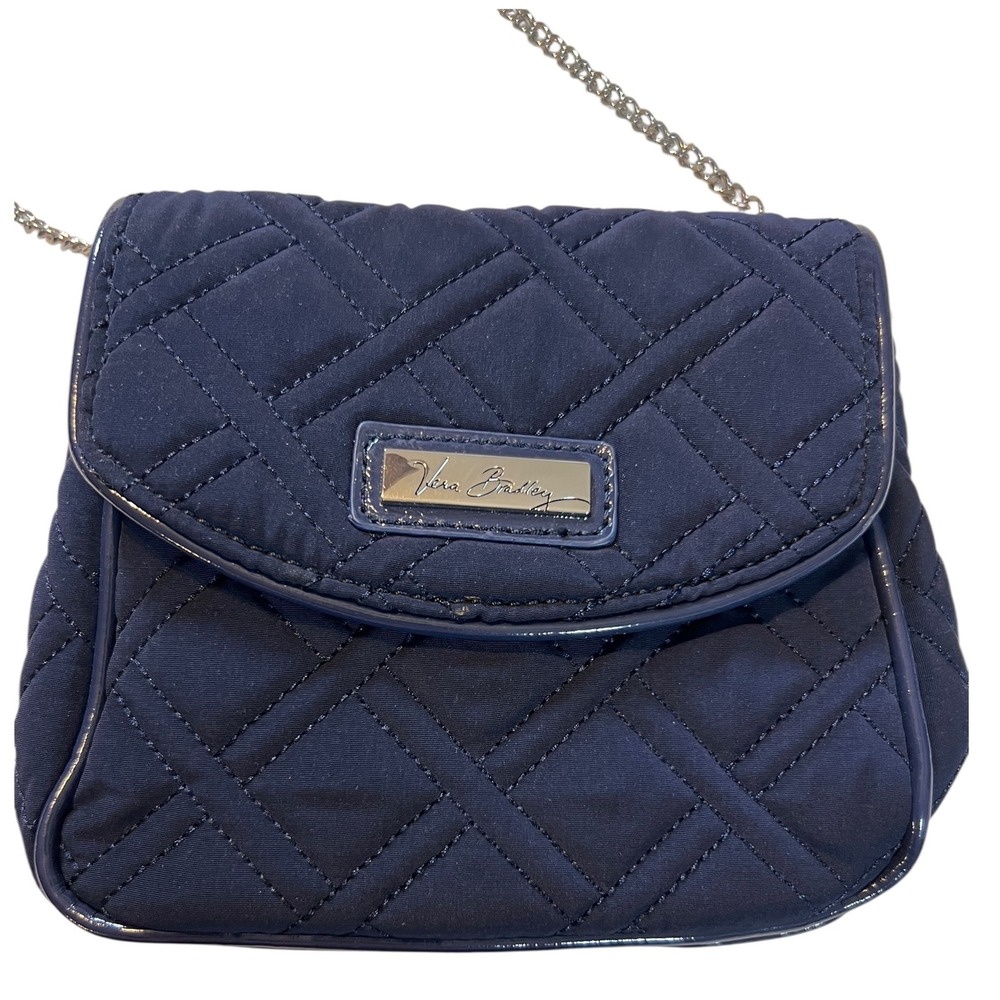 Vera Bradley Quilted Crossbody Bag Navy Blue Chain Strap Leaf Print Lining